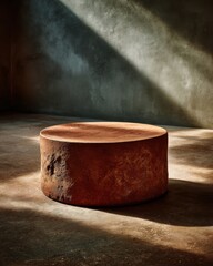 Fototapeta premium Terracotta clay cylinder platform embodies simplicity and natural beauty in a serene low-lit space
