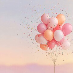 Pastel pink and peach balloons with confetti against a soft sky