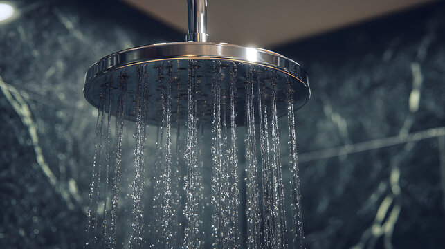 Close up view of a luxurious chrome shower head with flowing water and a background of dark textured marble - Powered by Adobe