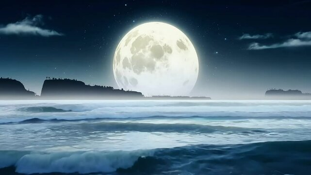 Serene ocean waves gently crash on the shore under a majestic full moon at night a breathtaking coastal landscape