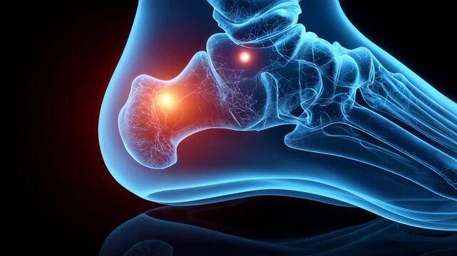 X-ray style 3D illustration of a human foot showing bones and joints, with a glowing red highlight indicating pain or inflammation in the ankle joint on a black background.