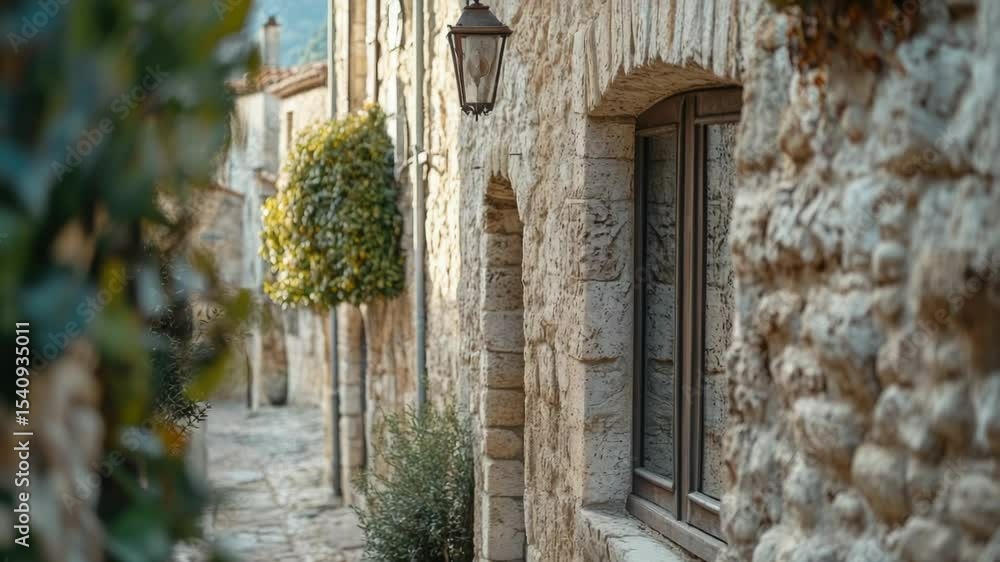 Poster a stone building with a single lamp attached to its side, suitable for use in architecture, cityscap