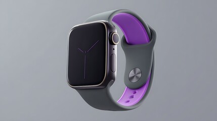 Modern smartwatch with gray and purple band on gray background