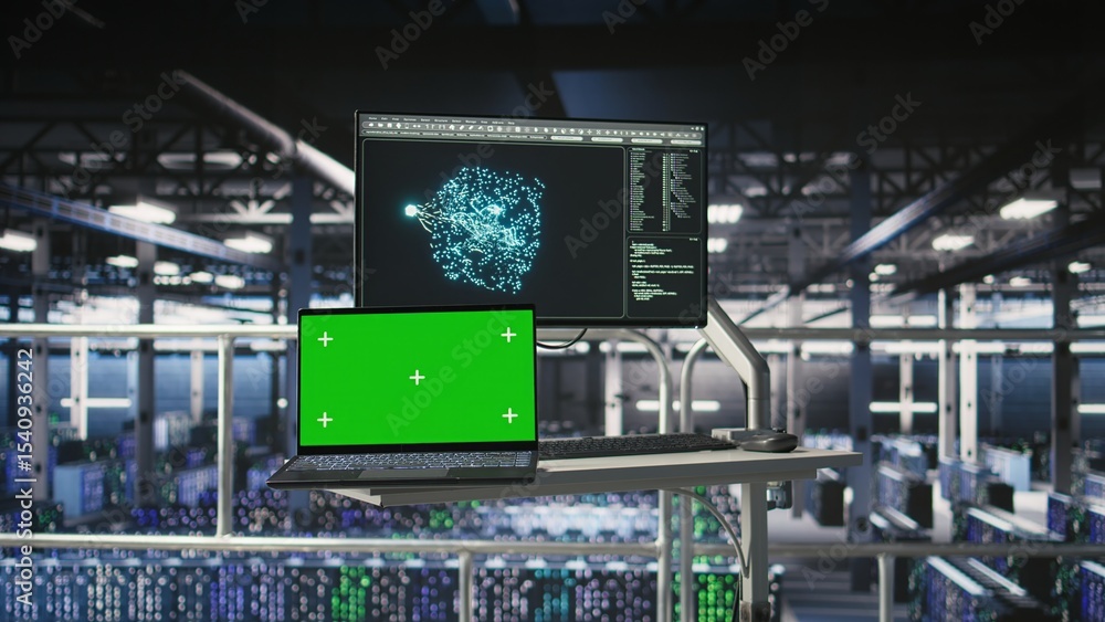 Poster isolated screen laptop next to elevated industrial data center control station display showing ai vi