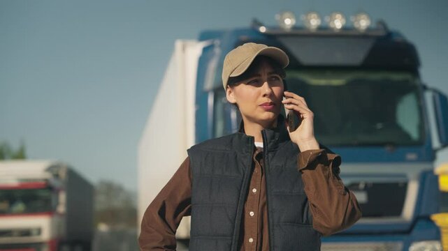 Serious focused female in beige cap holding phone near ear while standing in front of blue lorry. Wearing brown shirt and black vest. Discussing logistics update or confirming cargo destination.