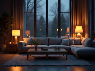 Contemporary Living Room with Plush Gray Sofa and Warm Lamp Glow