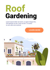 Naklejka premium Roof gardening urban agriculture rooftop plants flowers trees outdoor terrace with pots greenery modern building blue sky banner