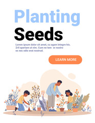 Planting seeds gardening family teamwork children adult outdoor activity nature plants foliage website banner