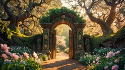 Fototapeta premium The sunlit garden gate welcomes visitors along a blossoming path.