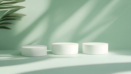 A contemporary mockup scene with three geometric podiums in white, positioned against a soothing pastel green backdrop.