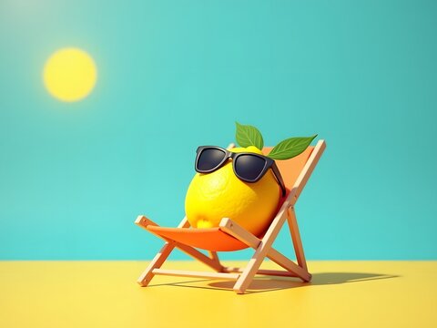  Stylized Minimal Lemon Relaxing on Beach Chair with Sunglasses