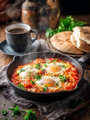 Delicious steaming shakshuka with poached eggs and fresh herbs in a rustic cast iron skillet, served with warm pita bread and coffee.