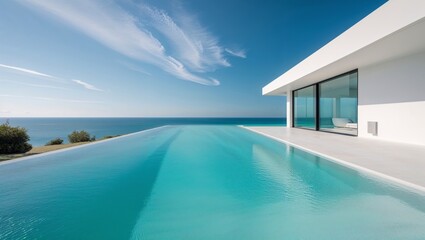 Fototapeta premium Luxurious infinity pool with stunning ocean view on a bright sunny day.
