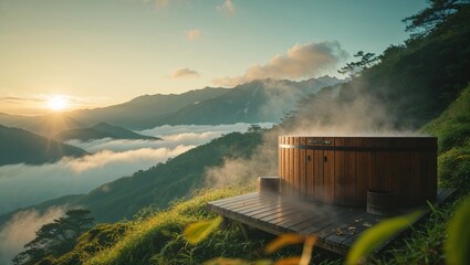Enjoy a relaxing soak in a wooden hot tub with breathtaking mountain views.