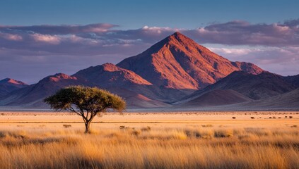 mountain in the background, a lone tree on the savannah of the African grassland at sunset Generative AI