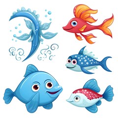 Naklejka premium Detailed Illustration of Five Colorful Sea Creatures on White Background - Marine Life Artwork for Educational Purposes