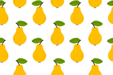 Seamless pattern with yellow pears and green leaves on white background. Great for fruit-themed prints, wrapping paper, and culinary design