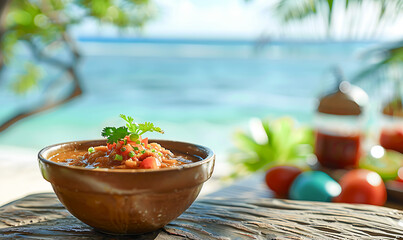 A rustic brown bowl of chopped tomato salsa, fresh herbs, and chives sits on a textured wooden table with a tropical beach background.