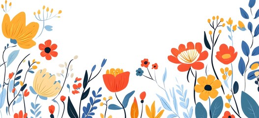 Obraz premium Flat vector folk-style floral frame with vibrant shapes and colorful details. The white background adds space for text or creative use.