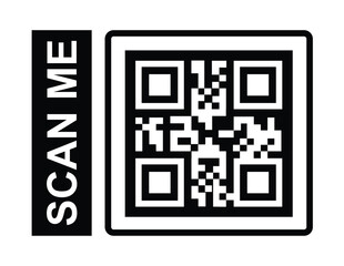 Minimalist black and white QR code centered, framed by a thin border. Bold sans-serif "SCAN ME" text label placed clearly to its left. Clean, high-contrast design, direct frontal perspective. 