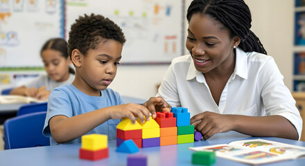 Autism, ADHD, Neurodiversity, Child, Therapy. Therapist supports focused boy building colorful block bridge during inclusive therapy session