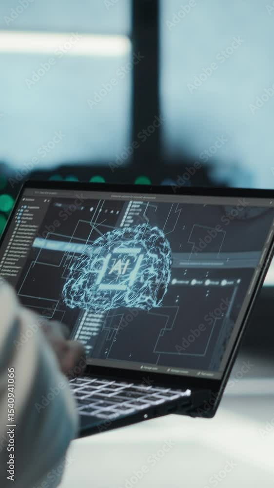 Poster vertical video server room system administrator using laptop to do infrastructure ai machine learnin