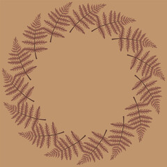 Round frame, a frame of pink fern leaves on a beige background. Decoration for postcards, invitations, prints.