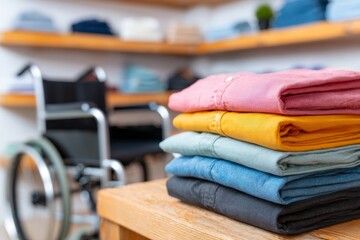 Laundry scene with folded clothes in foreground and a wheelchair softly blurred in the background calm and caring atmosphere.