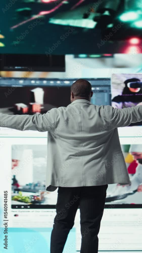Poster vertical video ecstatic viewer celebrating freedom of unlimited video content in virtual space. deli