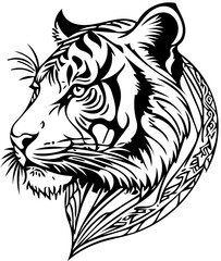 Obraz premium Tiger head side view, geometric tattoo line art, black and white vector