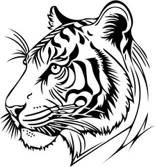 Obraz premium Tiger head side view, geometric tattoo line art, black and white vector