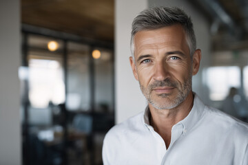 Obraz premium Confident mature businessman in a sleek modern office, professional corporate portrait showcasing leadership and success