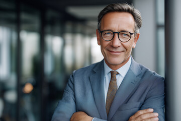 Confident mature businessman with glasses posing professionally in a modern office setting