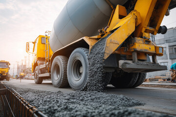 Detailed Medium Close-Up of Massive Concrete Mixer Truck Drum in Industrial Construction Site