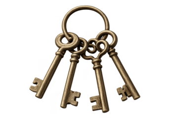 Antique bronze keys hanging on ring isolated on transparent background image