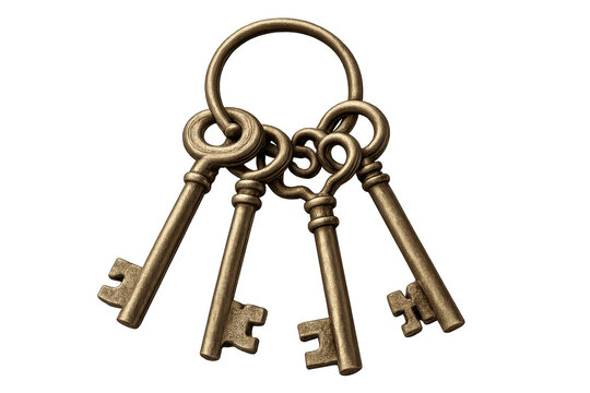 Antique bronze keys hanging on ring isolated on transparent background image