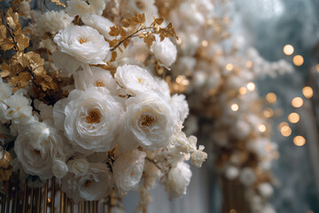 Luxurious wedding floral backdrop with opulent roses and elegant greenery for an exquisite celebration setting