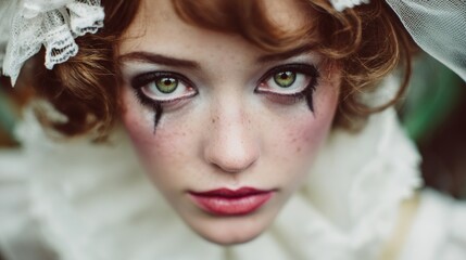 Bride: A studio shot outdoors bold makeup vibrant green eyes 1960s hairstyle vintage glamour natural wedding setting.