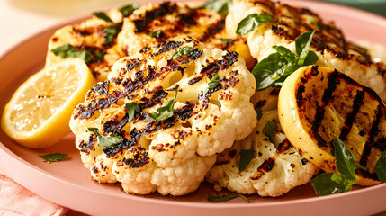 Grilled cauliflower steaks and summer squash on pastel pink platter