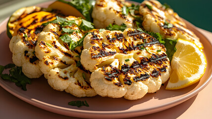Grilled cauliflower steaks and summer squash on pastel pink platter