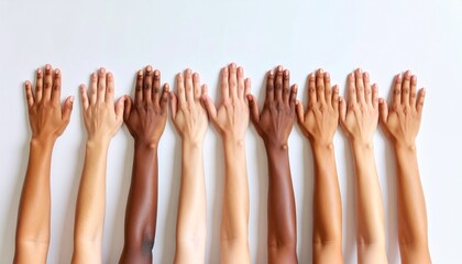 Brazos y manos de diversas personas con diferentes tonos de piel, formando un degradado.
