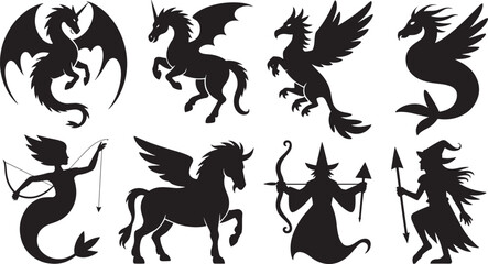Ten Black Silhouettes Fantasy Creatures Mythological Beings