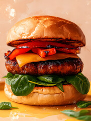 Plant-based burger with grilled red pepper and spinach on pastel yellow tray