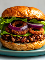 Plant-based BBQ bean burger with red onion and lettuce on pastel teal dish