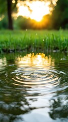 Fototapeta premium A tranquil puddle reflecting the golden sunset. Ripples radiate outward from a splash