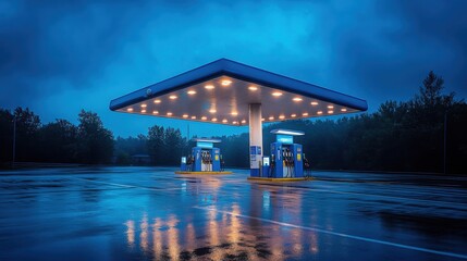 Gas station during a rainy evening with illuminated pumps under a cloudy sky