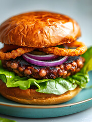 Plant-based BBQ bean burger with red onion and lettuce on pastel teal dish