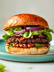 Plant-based BBQ bean burger with red onion and lettuce on pastel teal dish