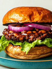 Plant-based BBQ bean burger with red onion and lettuce on pastel teal dish