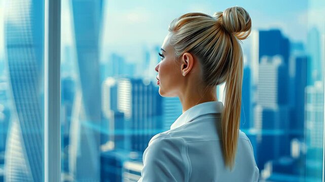 Businesswoman Contemplating Cityscape: A blonde businesswoman, hair styled in a high bun, gazes thoughtfully out a large window at a sprawling cityscape.  The image conveys ambition, contemplation.